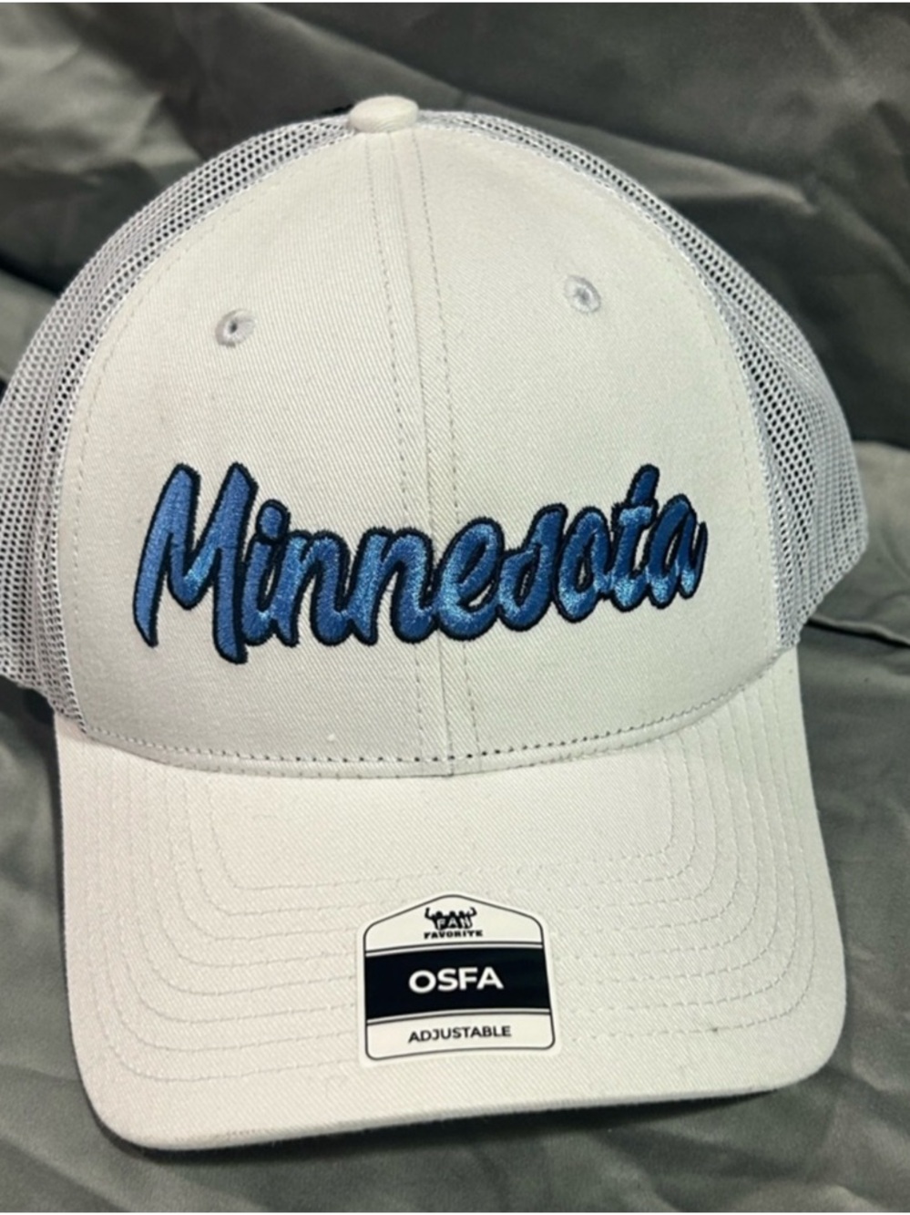 Minnesota Script Trucker Hat - White with Blue Embroidery